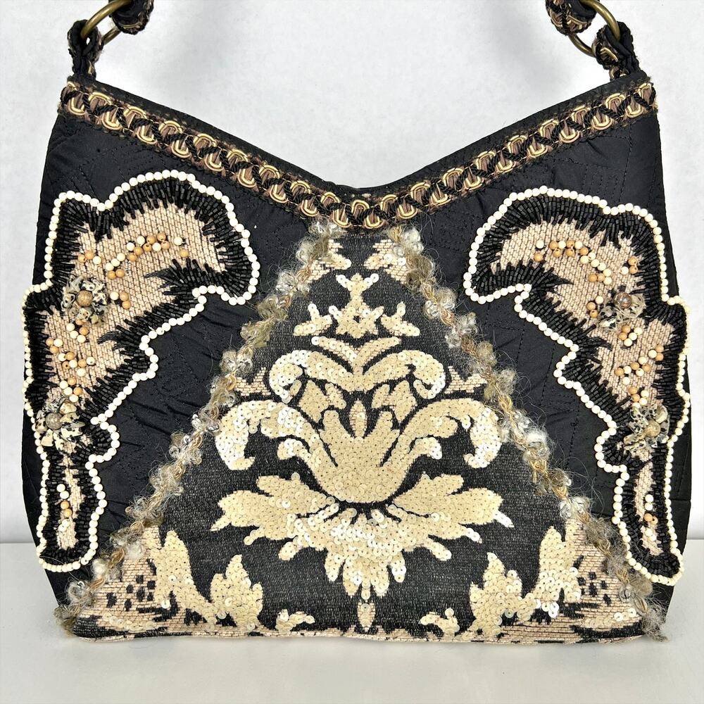 Mary Frances Black + Tan Beaded Embroidered Embellished Sequin Shoulder Bag